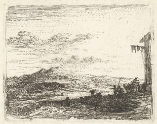 Maisema, jossa rakennuksen kulma ja markiisi oikeassa reunassa, kaksi hahmoa ja hevonen..., n. 1641-78.