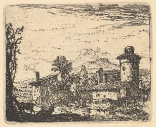 Maisema, jossa kaksi sarvekasta vuohta varjossa vasemmalla etualalla ja kylän rakennuksia niiden takana..., n. 1641-78.