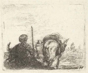 Pakkahevonen, istuva mies sauva oikealla kädellä ja koira, kaikki takaa katsottuna..., n. 1641-78.