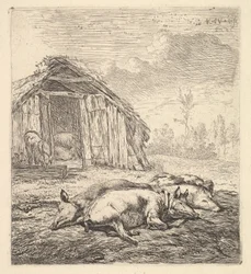 Kolme sikaa kyljellään, sikala ja kaukalo takana, 1652.