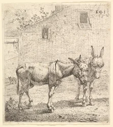Kaksi aasia seisoo nurmipihalla, yksi profiilikuvassa oikealle ja toinen taakse..., 1652.