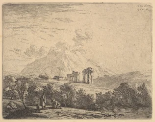 Näkymä rinteelle raunioilla, akveduktilla ja vuoren kalliolla takana, etualalla m..., 1658.