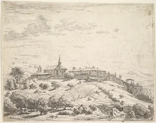 Aidattu kylä kukkulalla, jossa kirkko vasemmalla ja rakennukset rakennettiin alarinteeseen..., 1658.