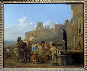 Italian sarlataanit Marchand Ambuland, jotka myivät huumeita julkisilla aukioilla. Karel Dujardinin (1621-1678) maalaus 1657. Koko 0,44 x 0,52 m