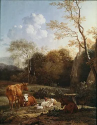 Eläin häkkii lähellä puroa. Karel Dujardinin (1622-1678) maalaus 1656 Su. 52x43 cm Pariisi, Musee du Louvre