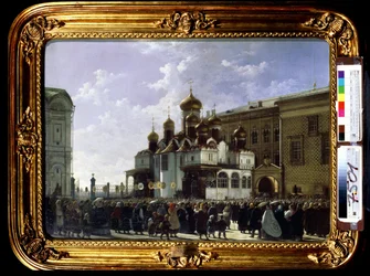 Pääsiäiskulkue Marian ilmestyksen katedraalissa Moskovassa. Karl Petrovich Bodri (1812-1894) maalaus. Öljy kankaalle, 61 x 85 cm