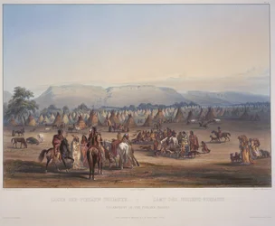 Piekannin intiaanien leiri, Beyer und Hurlimanin kaiverrus, julkaistu vuonna 1839 (akvatinta)