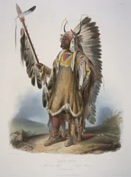Mato-Tope, Mandan-heimon päällikkö, J. Hurlimanin kaiverrus, julkaistu 1839 (akvatintti).