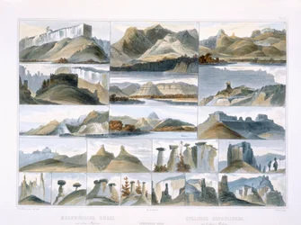 Merkittäviä kukkuloita Ylä-Missourissa, levy 35 kirjan "Travels in the Interior of North America" 2. osasta, kaiverrus Friedrich Salathe (1793-1858) 1844 (akvatinta)