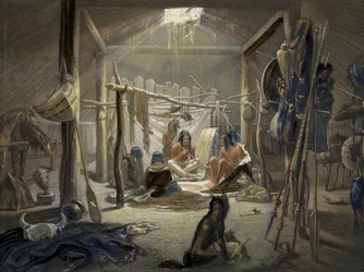 Mandan-heimopäällikön majan sisätilat, levy 19 teoksen Travels in the Interior of North America (Matkat Pohjois-Amerikan sisämaassa) niteestä 2, kaivertaja Narcisse Desmadryl, 1844, värillinen akvatintta, yksityiskohta 103848:sta.