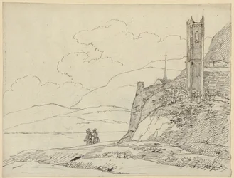 Vuoristomaisema, torninraunioita ja hahmoja
