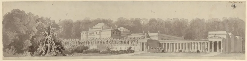 Potsdam-Sanssouci. Antiikin tyylinen maalaistalo Charlottenhofin linnan luona. Perspektiivikuva koillisesta