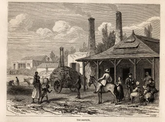 Sokeritehdas Riviere du Rempartista Mauritiukselta, piirustus Karl Girardet (1813-1871), havainnollistamaan Alfred Verneyn oleskelua Mauritiuksella vuonna 1861. Kaiverrus kirjaan "" Le tour du monde", toimittanut Edouard Charton