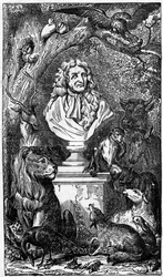 Jean de La Fontainen allegorinen rintakuva eläinten ympäröimänä; Fables de la Fontainen -kirjan etukappale