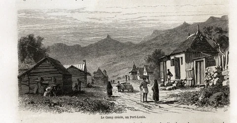 Leirikreoli, Port Louisissa, piirustus Karl Girardet (1813-1871), havainnollistamaan Alfred Verneyn oleskelua Mauritiuksella vuonna 1861. Kaiverrus kirjaan "" Le tour du monde", toimittanut Edouard Charton