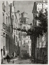 Bianca Cappellon palatsi Venetsiassa, Venetsiassa. piirustus Karl Girardet (1813-1871), havainnollistaa Adalbert de Beaumontin matkaa Venetsiaan noin 1850. Kaiverrus kirjaan "" Le tour du monde", toimittanut Edouard Charton