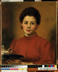 ""Nuori nainen punaisella"" Muotokuva naisesta, joka kantaa tarjotinta hopeisella teekannulla. (Nainen punaisessa) Karl (Carl) Gusovin (1843-1907) maalaus 1904 Mikalojus Konstantinas Ciurlionisin taidemuseo, Kaunas, Liettua