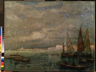 ""Näkymä purjeveneistä Venetsian laguunissa"" (Blick auf Venedig mit Segelbooten). Karl (Carl) Hagemeisterin (1848-1933) maalaus 1926 Mitat 51x71 cm Mikalojus Konstantinas Ciurlionisin taidemuseo, Kaunas, Liettua