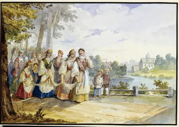 Venäläiset talonpoikatytöt juhlamekossa. Karl Ivanovich Kolmanin (1786-1846) teos, akvarelli pahville