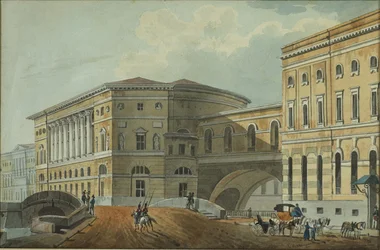 Näkymä Pietarin palatsin rantakadulle, 1800-luvun ensimmäinen neljännes.