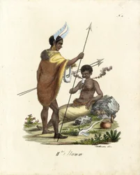 Afrikkalaiset soturit aseiden kanssa (painettu)