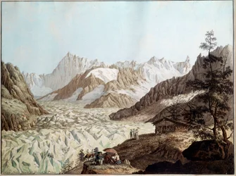 Näkymä Mount Avertin jäämerelle lähellä Chamonixia Alpeilla. Kuvitus: Karl Hackert (1740-1800) (ec.all.) 1781 Frankfurt. Stadelsches Kunstinstitut