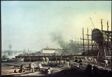 Admiralty-telakka Pietarissa (Pietari). (Admiralty laivaston telakka Pietarissa). Karl Petrovich Beggrovin (1799-1875) maalaus. Öljy kankaalle, 1800-luvun venäläistä taidetta. Venäjän valtionmuseo, Pietari.