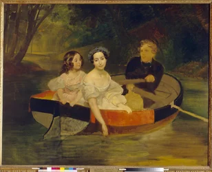 Omakuva paronitar Jekaterina Meller Zakomelskajan (Meller-Zakomelskaya) ja hänen tyttärensä kanssa veneessä. Karl Pavlovich Briullov (Bryullov) (1799-1852) maalaus, öljy kankaalle
