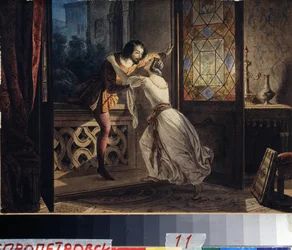 Romeo ja Julia (Romeo ja Julia). Mies kiipeää parvekkeelle löytääkseen naisen salaiselta tapaamiselta. Karl Pavlovich Briullov (Bryullov) (1799-1852) maalaus. Akvarelli pahville, n. 1830, 23,2 x 31,5 cm, venäläistä taidetta
