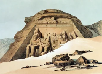 Abu Simbelin kalliotemppeli". Litografia Karl Richard Lepsiuksen (1810-1884) preussilaisen egyptologin mukaan. Ramses II:n (hallitsi noin 1304-1273 eaa.) patsaita päätemppelin ulkopuolella. Arkeologia Uskonto Mytologia Muinainen Egypti
