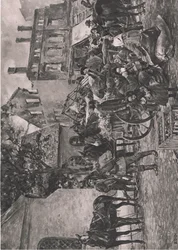 Itäpreussilaisia pakolaisia palaamassa kotiin, lepäämässä Tapiaun torilla, kuvitus teoksesta Hindenburg, jonka on julkaissut Daterlandischer Derlag C U Weller Berlin.