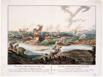Khotynin piiritys (Chocim, Chotyn, Hotin, Choczim ou Khotine, Ukraina) 1788 - Schuetz, Carl (1745-1800) - 1788 - Kuparikaiverrus, akvarelli - 36,6x48,3 - Yksityiskokoelma