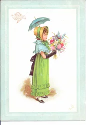 Viktoriaaninen onnittelukortti, jossa on tanssivia lapsia juhla-asussa, n.1880