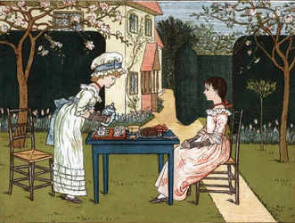 Kellonaika: kaksi nuorta tyttöä maistelemassa sitä puutarhassa. Kate Greenawayn (1846-1901) kuvitus lasten satujen ja lorujen kirjasta "" Under The Window" (1879), toimittanut Edmund Evans.