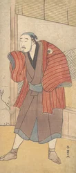 Onoe Matsusuke palvelijana seisovana talon vieressä, n. 1793.