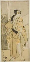 Näyttelijä Ichikawa Monnosuke II Hiranoya Tokubein () roolissa näytelmässä Waka Murasaki Edokko Soga (), joka esitettiin Ichimura-teatterissa () vuoden 1792 kolmannella kuukaudella ().