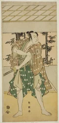 Näyttelijä Ichikawa Omezo I venemies Takihein () roolissa näytelmässä Ofunamori Ebi no Kaomise (), joka esitettiin Kawarazakin teatterissa () yhdentenätoista kuukautena vuonna 1792 ().