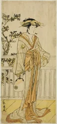 Näyttelijä Iwai Hanshiro IV Mieidon fanikaupan Okumina () näytelmässä Sanjuk-koku Yobune no Hajimari (), joka esitettiin Ichimura-teatterissa () viidentenä kuukautena vuonna 1789 ().
