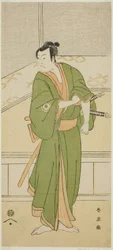 Näyttelijä Iwai Hanshiro IV Shirai Gompachin roolissa näytelmässä Gozen-gakari Sumo Soga, joka esitettiin Kawarazakin teatterissa toisena kuukautena vuonna 1793.