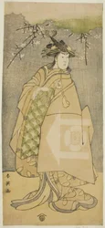 Näyttelijä Iwai Kiyotaro roolissa Kewaizaka no Shosho näytelmässä Gohiiki no Hana Aikyo Soga, joka esitettiin Kawarazakin teatterissa ensimmäisenä kuukautena vuonna 1794.