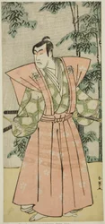 Näyttelijä Matsumoto Koshiro IV Hatakeyama Shigetada naamioituneena Honjo Soheijiksi () näytelmässä Edo no Fuji Wakayagi Soga (), joka esitettiin Nakamura-teatterissa () ensimmäisenä kuukautena vuonna 1789 ().