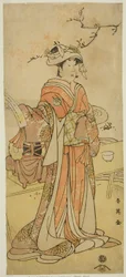 Näyttelijä Segawa Kikunojo III naispuolisena kettu-keijuna Otatsu-gitsune naamioituneena Shizuka Gozeniksi näytelmässä Kogane Saku Date no Okida, joka esitettiin Ichimura-teatterissa yhdentenätoista kuukautena vuonna 1792.