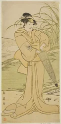 Näyttelijä Yamashita Kinsaku II Okayana näytelmässä Yomogi Fuku Noki no Tamamizu, joka esitettiin Kiri-teatterissa viidentenä kuukautena vuonna 1795.