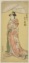Näyttelijä Yamashita Kinsaku II Tsumagi-neitona näytelmässä "Otokyama O-Edo no Ishizue", joka esitettiin Kiri-teatterissa yhdentenätoista kuussa vuonna 1794.