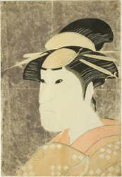 Näyttelijä Sanogawa Ichimatsu III Gionin prostituoituna Onayona näytelmässä "Hana-ayame Bunroku Soga", joka esitettiin Miyakon teatterissa viidennessä kuussa vuonna 1794.