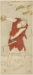 Näyttelijä Onoe Matsusuke I Mendikantti-munkkina elokuvassa "Kurtisaani: Kerria Roses at Ide" ("Keisei Ide no yamabuki")