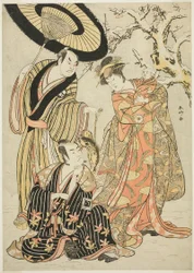 Näyttelijät Iwai Hanshirô IV, Ichikawa Monnosuke II ja Sakata Hangorô III elokuvassa "Lumihiutaleet: Raising the Standard at Izu" ("Mutsu no Hana Izu no Hataage").
