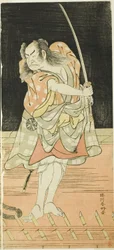 Näyttelijät Nakamura Nakazô I roolissa Danshichi Kurobei ja Ichikawa Danjûrô V roolissa Issun Tokubei elokuvassa "Osakan peili kesäjuhlilla" ("Natsu Matsuri Naniwa Kagami").