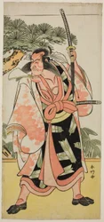 Näyttelijä Ichikawa Danjuro V roolissa Kajiwara Genta Kagesue näytelmässä Yuki Nazuna Saiwai Soga, joka esitettiin Kiri-teatterissa ensimmäisenä kuukautena vuonna 1787.