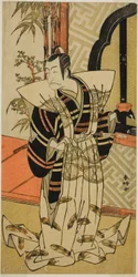Näyttelijä Ichikawa Danjuro V roolissa Kajiwara Heiji () näytelmässä Hiragana Seisuiki (), joka esitettiin Morita-teatterissa () vuoden 1776 kolmannella kuukaudella ().